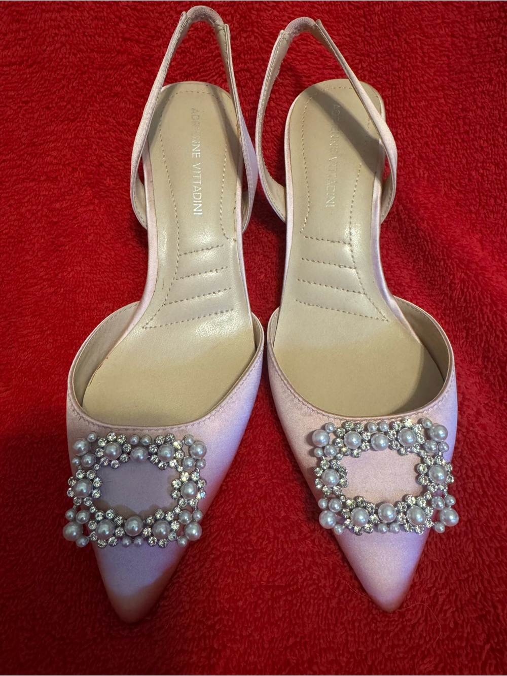 Adrienne Vittadini Sz 8.5 Pink Embellished Slingback Satin Kitten Heels VGUC 😊😊
